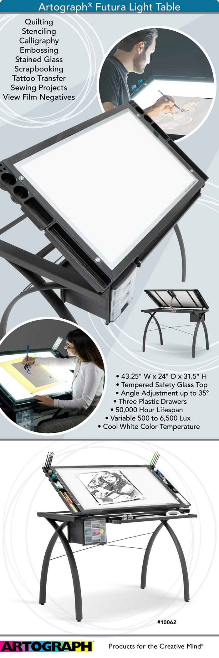 ARTOGRAPH Futura Light Table for Artists, Drawing with Dimmable Light